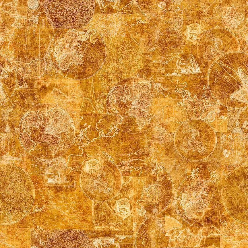 Image of Nauticus Map Tonal Honey quilting cotton fabric by Morris Creative Group for QT Fabrics. Features tone-on-tone maps on a yellowish brown background. Cute Little Fabric Shop.