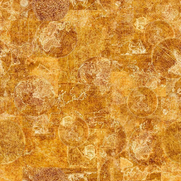Image of Nauticus Map Tonal Honey quilting cotton fabric by Morris Creative Group for QT Fabrics. Features tone-on-tone maps on a yellowish brown background. Cute Little Fabric Shop.