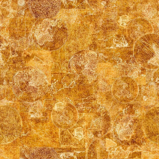 Image of Nauticus Map Tonal Honey quilting cotton fabric by Morris Creative Group for QT Fabrics. Features tone-on-tone maps on a yellowish brown background. Cute Little Fabric Shop.