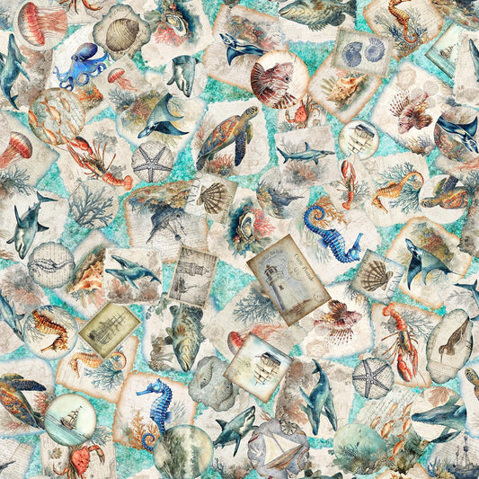 Image of Nauticus Sea Creatures Overlapping Patches Aqua quilting cotton fabric by Morris Creative Group for QT Fabrics. Features ocean icons on a blue background. Cute Little Fabric Shop.
