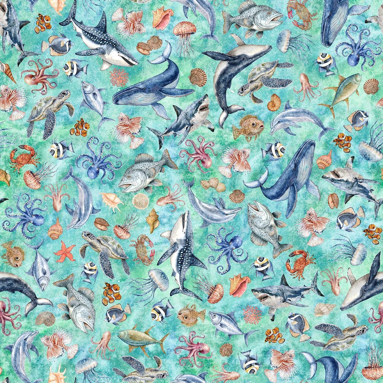 Image of Nauticus Sea Creatures Turquoise quilting cotton fabric by Morris Creative Group for QT Fabrics. Features ocean animals on a blue background. Cute Little Fabric Shop.