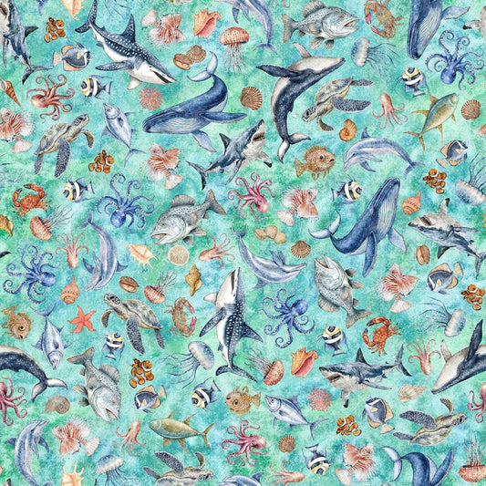 Image of Nauticus Sea Creatures Turquoise quilting cotton fabric by Morris Creative Group for QT Fabrics. Features ocean animals on a blue background. Cute Little Fabric Shop.