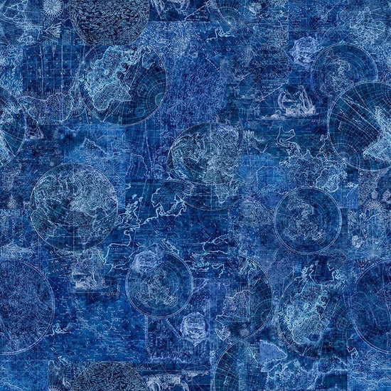 Image of Nauticus Map Tonal Navy quilting cotton fabric by Morris Creative Group for QT Fabrics. Features tone-on-tone map on a blue background. Cute Little Fabric Shop.