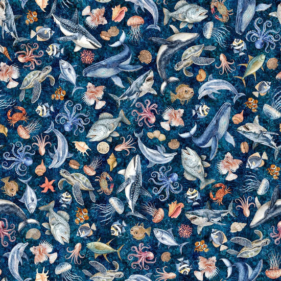 Image of Nauticus Sea Creatures Dark Navy quilting cotton fabric by Morris Creative Group for QT Fabrics. Features ocean animals on a blue background. Cute Little Fabric Shop.
