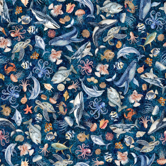 Image of Nauticus Sea Creatures Dark Navy quilting cotton fabric by Morris Creative Group for QT Fabrics. Features ocean animals on a blue background. Cute Little Fabric Shop.