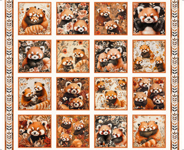 Pandaland Panda Picture Patches Panel Light Cream Red Panda Fabric - 31911 - QT Fabrics Quilting Cotton Fabric