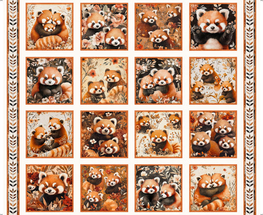 Pandaland Panda Picture Patches Panel Light Cream Red Panda Fabric - 31911 - QT Fabrics Quilting Cotton Fabric