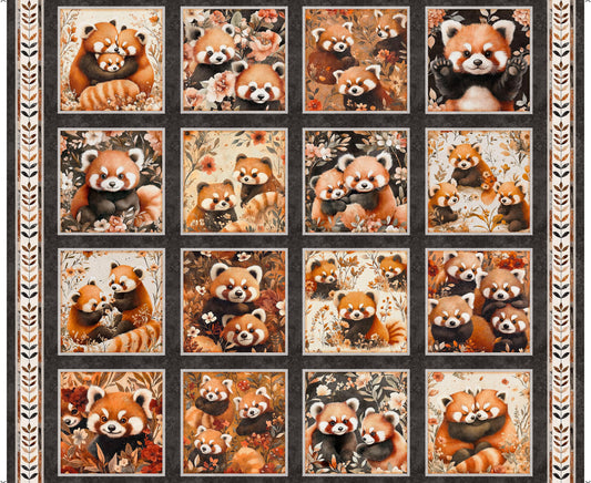 Pandaland Panda Picture Patches Panel Charcoal Black Red Panda Fabric - 31911 - QT Fabrics Quilting Cotton Fabric