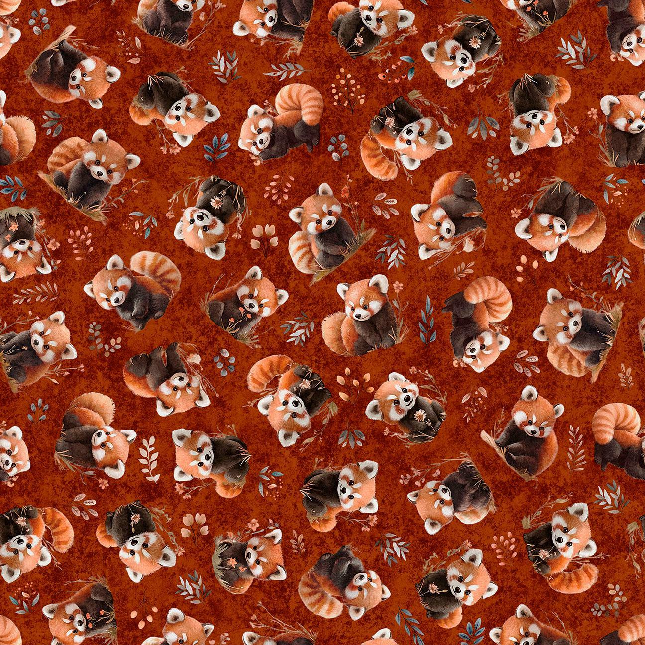 Image of Pandaland Panda Toss Brick quilting cotton fabric by Morris Creative Group for QT Fabrics. Features pandas on a red background. Cute Little Fabric Shop.