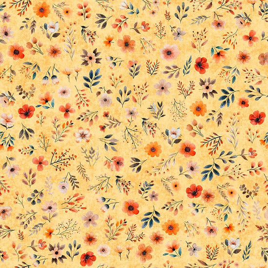 Image of Pandaland Small Floral Light Orange quilting cotton fabric by Morris Creative Group for QT Fabrics. Features flowers on a yellow background. Cute Little Fabric Shop.