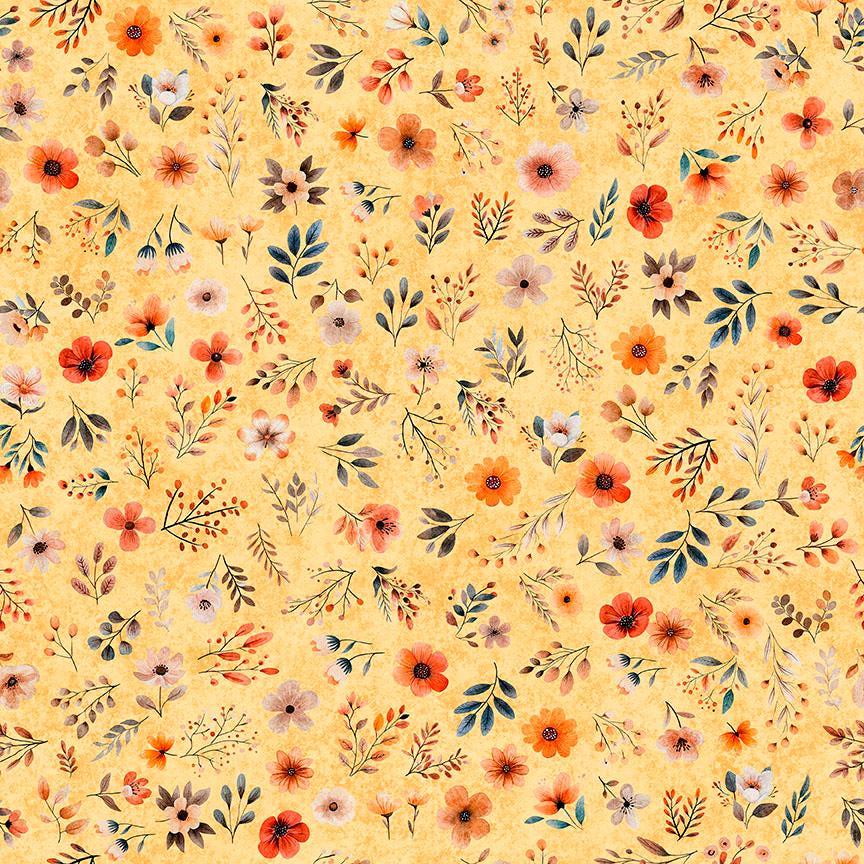Image of Pandaland Small Floral Light Orange quilting cotton fabric by Morris Creative Group for QT Fabrics. Features flowers on a yellow background. Cute Little Fabric Shop.