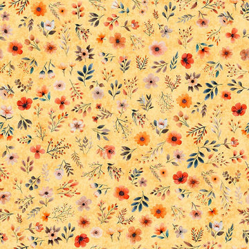 Image of Pandaland Small Floral Light Orange quilting cotton fabric by Morris Creative Group for QT Fabrics. Features flowers on a yellow background. Cute Little Fabric Shop.