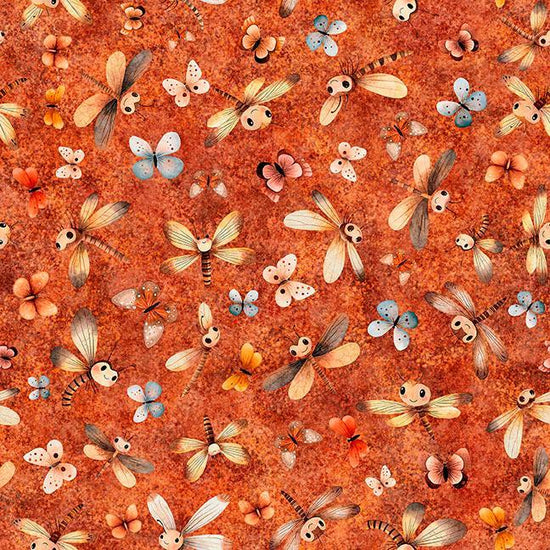 Image of Pandaland Dragonflies & Moths Orange quilting cotton fabric by Morris Creative Group for QT Fabrics. Features animals on an orange background. Cute Little Fabric Shop.