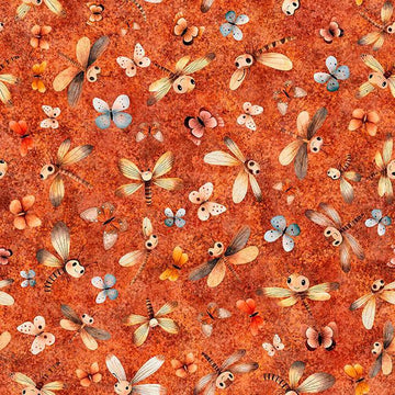 Image of Pandaland Dragonflies & Moths Orange quilting cotton fabric by Morris Creative Group for QT Fabrics. Features animals on an orange background. Cute Little Fabric Shop.