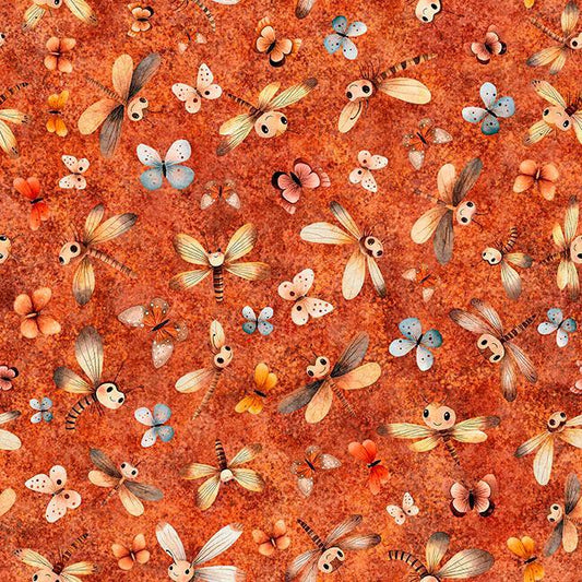 Image of Pandaland Dragonflies & Moths Orange quilting cotton fabric by Morris Creative Group for QT Fabrics. Features animals on an orange background. Cute Little Fabric Shop.