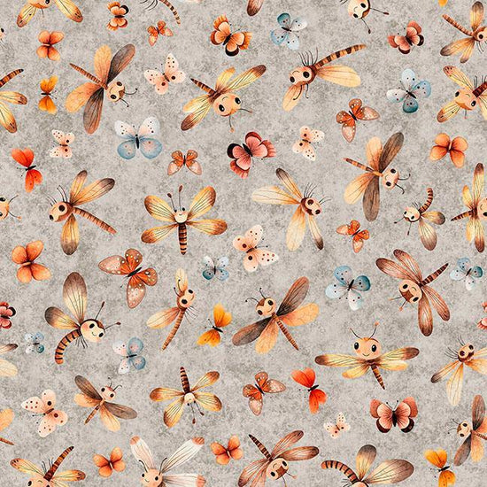 Image of Pandaland Dragonflies & Moths Light Gray quilting cotton fabric by Morris Creative Group for QT Fabrics. Features animals on a gray background. Cute Little Fabric Shop.