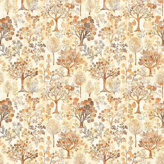 Image of Pandaland Trees Cream quilting cotton fabric by Morris Creative Group for QT Fabrics. Features trees on a cream background. Cute Little Fabric Shop.