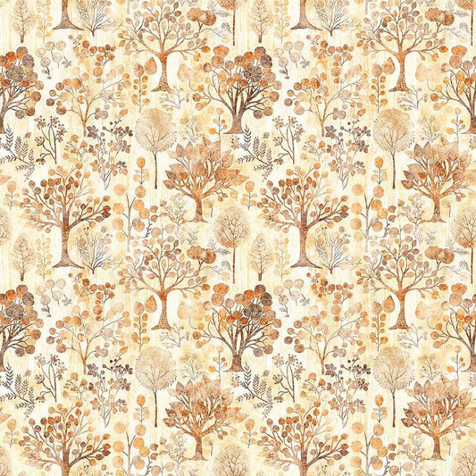 Image of Pandaland Trees Cream quilting cotton fabric by Morris Creative Group for QT Fabrics. Features trees on a cream background. Cute Little Fabric Shop.