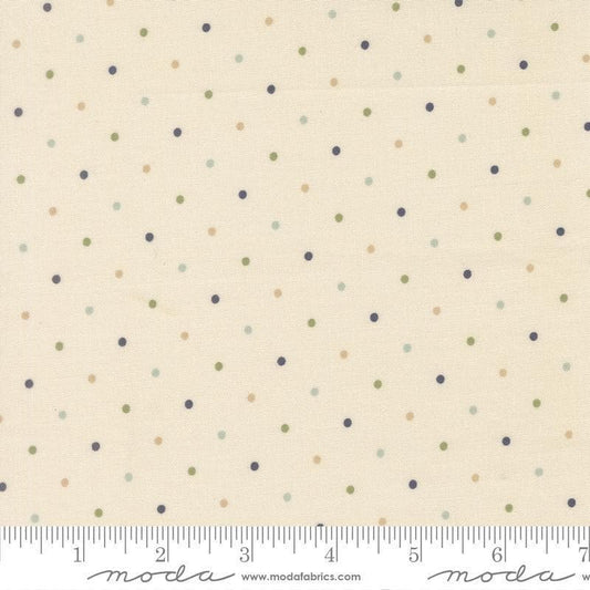 Image of True Love Magic Dot Cream Daydream quilting cotton fabric by Lella Boutique for Moda Fabrics. Features polka dots on a cream background. Cute Little Fabric Shop.