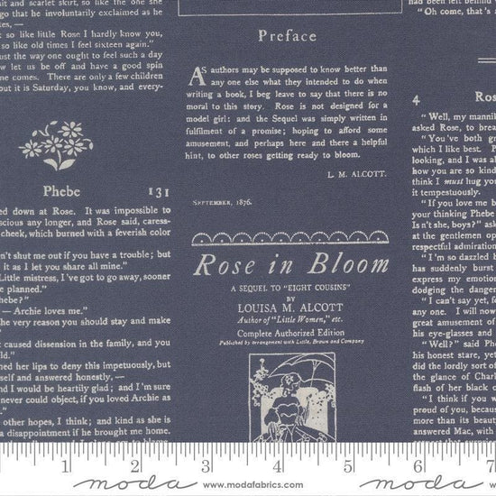 Image of True Love Alcott Text Twilight quilting cotton fabric by Lella Boutique for Moda Fabrics. Features text on a blue background. Cute Little Fabric Shop.