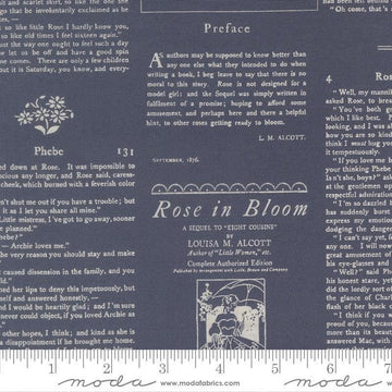 Image of True Love Alcott Text Twilight quilting cotton fabric by Lella Boutique for Moda Fabrics. Features text on a blue background. Cute Little Fabric Shop.