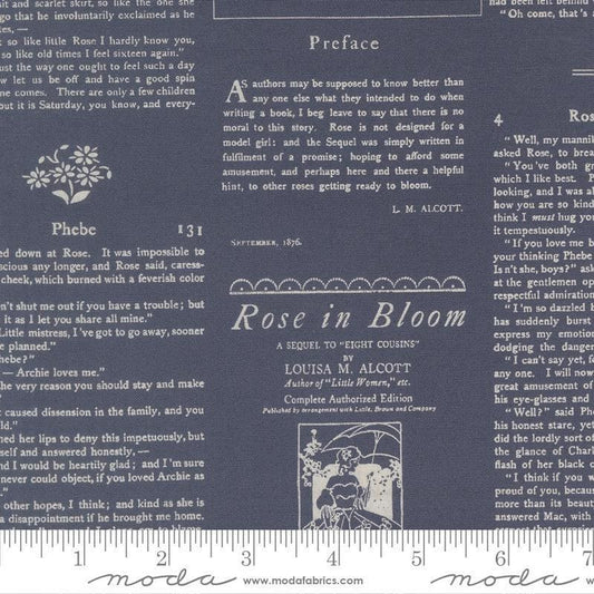 Image of True Love Alcott Text Twilight quilting cotton fabric by Lella Boutique for Moda Fabrics. Features text on a blue background. Cute Little Fabric Shop.