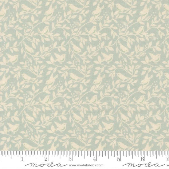 Image of True Love Birds of a Feather Robins Egg quilting cotton fabric by Lella Boutique for Moda Fabrics. Features leaves and birds on a blue background. Cute Little Fabric Shop.