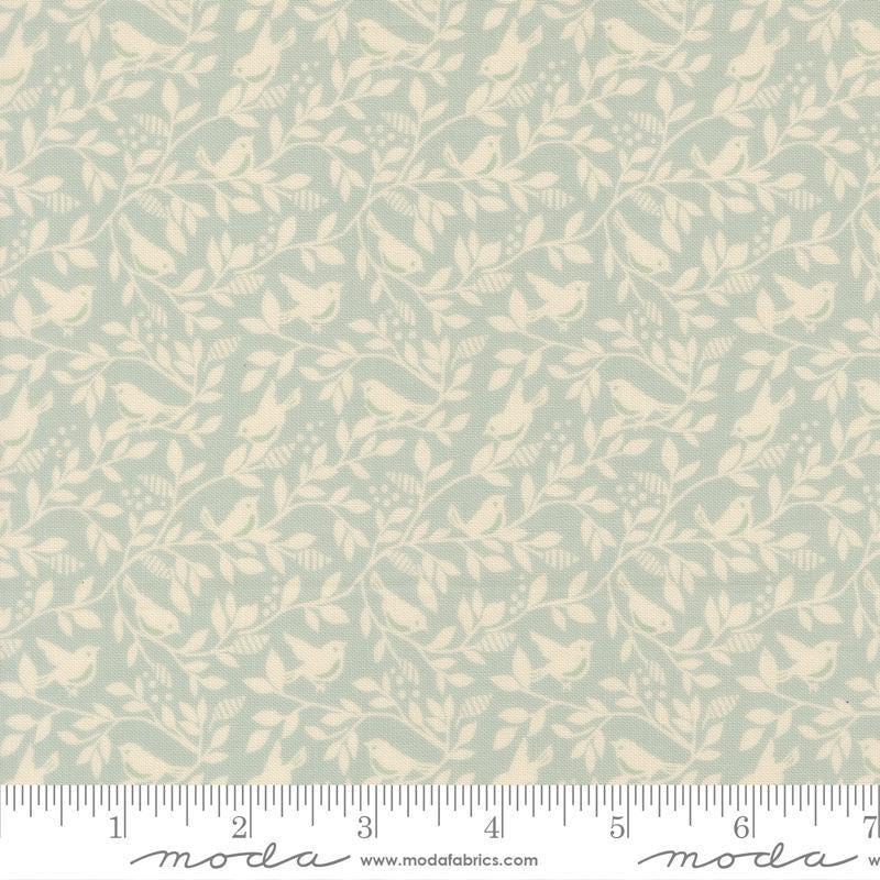 Image of True Love Birds of a Feather Robins Egg quilting cotton fabric by Lella Boutique for Moda Fabrics. Features leaves and birds on a blue background. Cute Little Fabric Shop.