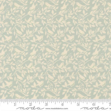 Image of True Love Birds of a Feather Robins Egg quilting cotton fabric by Lella Boutique for Moda Fabrics. Features leaves and birds on a blue background. Cute Little Fabric Shop.