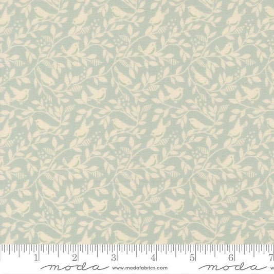 Image of True Love Birds of a Feather Robins Egg quilting cotton fabric by Lella Boutique for Moda Fabrics. Features leaves and birds on a blue background. Cute Little Fabric Shop.