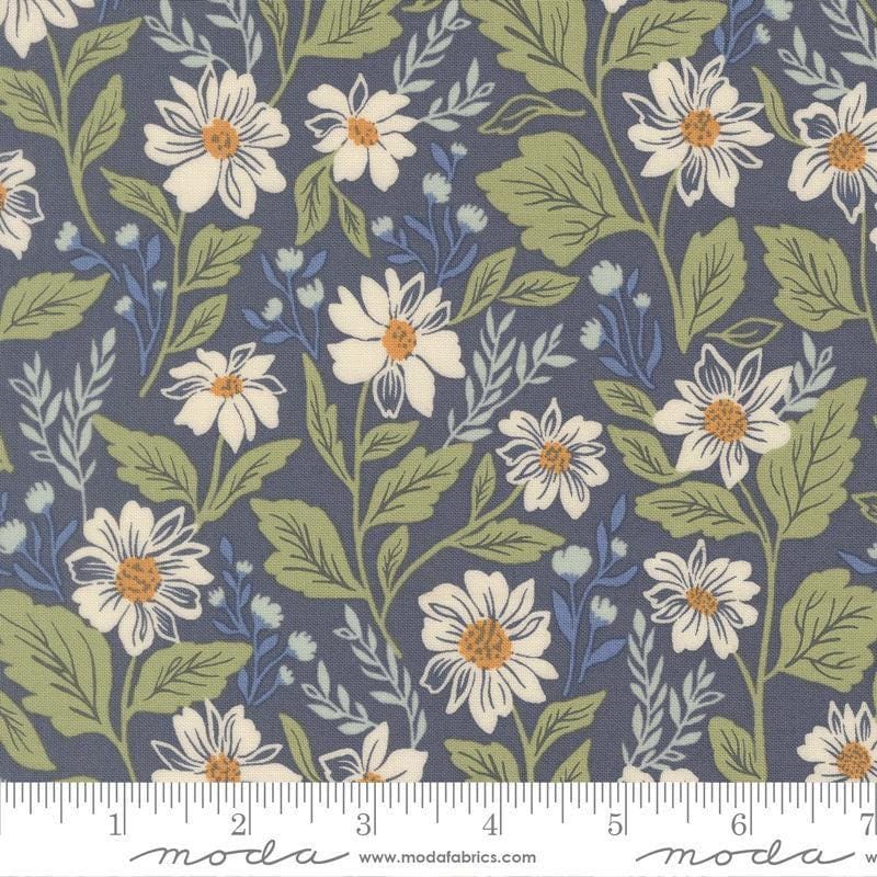 Image of True Love Romance Blooms Twilight quilting cotton fabric by Lella Boutique for Moda Fabrics. Features flowers on a blue background. Cute Little Fabric Shop.