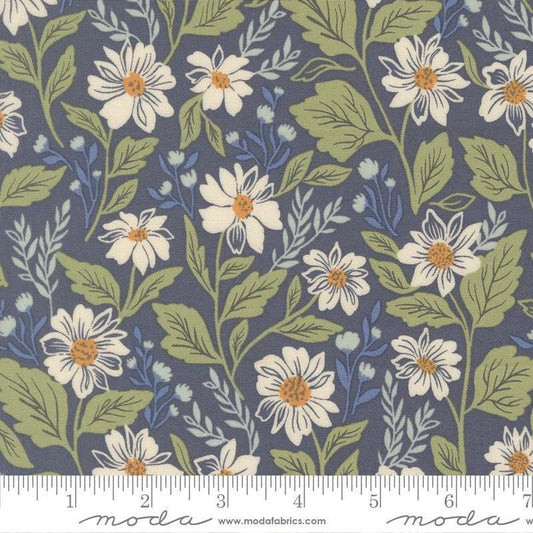 Image of True Love Romance Blooms Twilight quilting cotton fabric by Lella Boutique for Moda Fabrics. Features flowers on a blue background. Cute Little Fabric Shop.