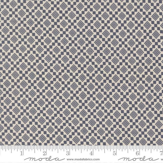 Image of True Love Checkmate Twilight quilting cotton fabric by Lella Boutique for Moda Fabrics. Features a geometric pattern on a blue background. Cute Little Fabric Shop.