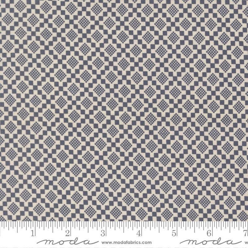 Image of True Love Checkmate Twilight quilting cotton fabric by Lella Boutique for Moda Fabrics. Features a geometric pattern on a blue background. Cute Little Fabric Shop.
