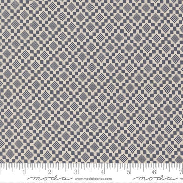 Image of True Love Checkmate Twilight quilting cotton fabric by Lella Boutique for Moda Fabrics. Features a geometric pattern on a blue background. Cute Little Fabric Shop.