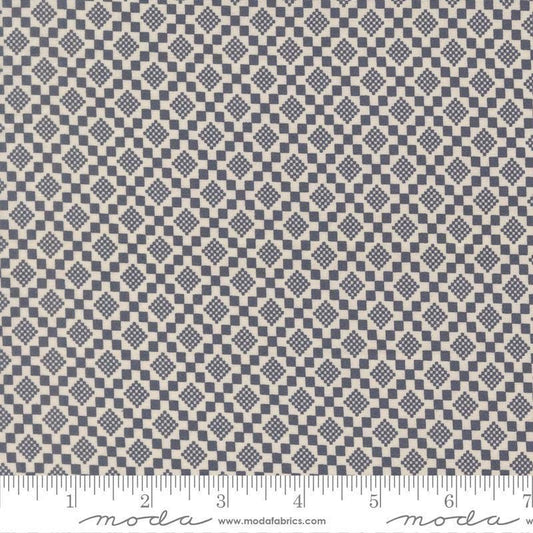 Image of True Love Checkmate Twilight quilting cotton fabric by Lella Boutique for Moda Fabrics. Features a geometric pattern on a blue background. Cute Little Fabric Shop.
