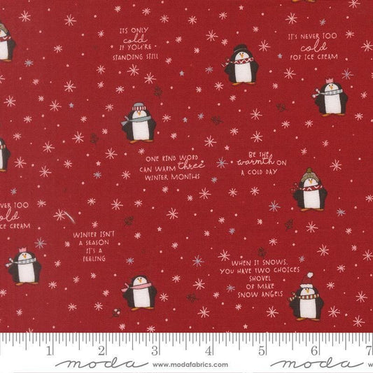Image of Chilly Mr Penguin Red quilting cotton fabric by Sweetwater for Moda Fabrics. Features penguins on a red background. Cute Little Fabric Shop.