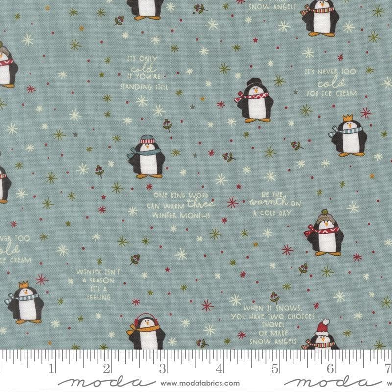 Image of Chilly Mr Penguin Storm quilting cotton fabric by Sweetwater for Moda Fabrics. Features penguins on a blue background. Cute Little Fabric Shop.