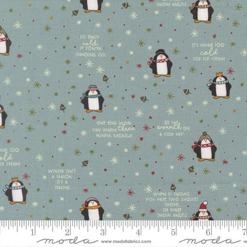 Image of Chilly Mr Penguin Storm quilting cotton fabric by Sweetwater for Moda Fabrics. Features penguins on a blue background. Cute Little Fabric Shop.