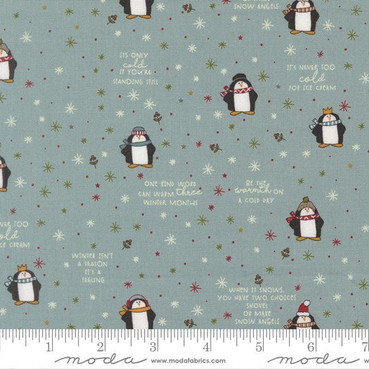 Image of Chilly Mr Penguin Storm quilting cotton fabric by Sweetwater for Moda Fabrics. Features penguins on a blue background. Cute Little Fabric Shop.