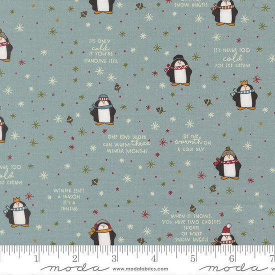 Image of Chilly Mr Penguin Storm quilting cotton fabric by Sweetwater for Moda Fabrics. Features penguins on a blue background. Cute Little Fabric Shop.