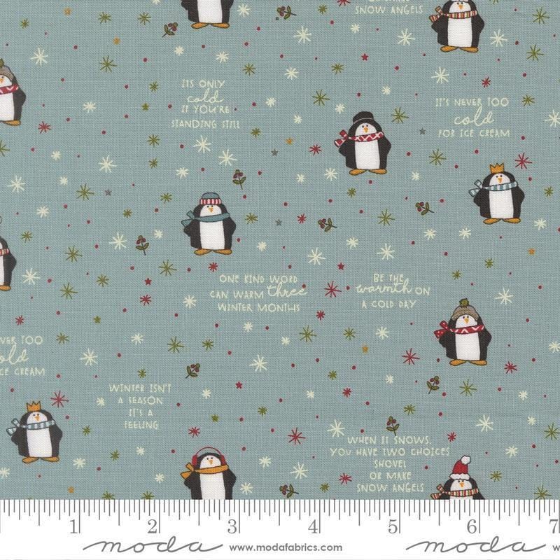Image of Chilly Mr Penguin Storm quilting cotton fabric by Sweetwater for Moda Fabrics. Features penguins on a blue background. Cute Little Fabric Shop.
