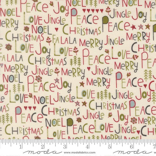 Image of Chilly Peace Love Joy Vanilla quilting cotton fabric by Sweetwater for Moda Fabrics. Features words on a cream background. Cute Little Fabric Shop.