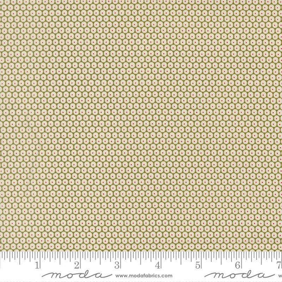 Image of Chilly Snowball Pine quilting cotton fabric by Sweetwater for Moda Fabrics. Features a geometric pattern on a green background. Cute Little Fabric Shop.