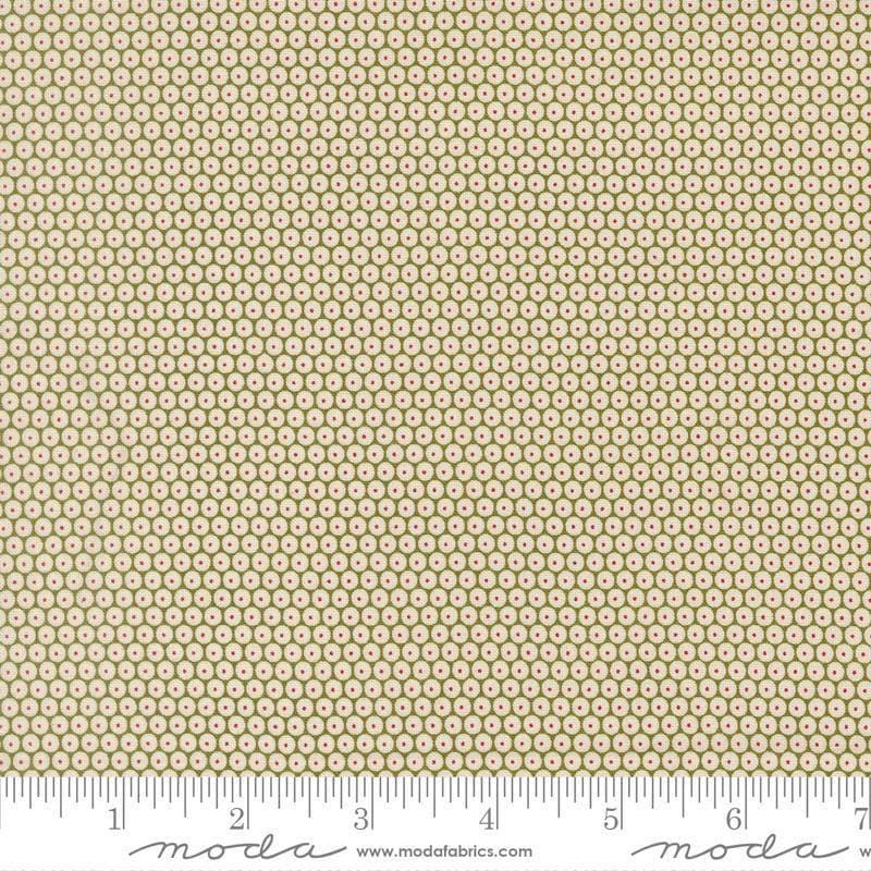 Image of Chilly Snowball Pine quilting cotton fabric by Sweetwater for Moda Fabrics. Features a geometric pattern on a green background. Cute Little Fabric Shop.