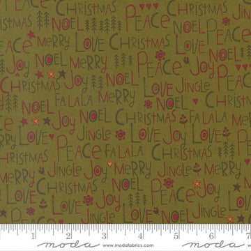 Image of Chilly Peace Love Joy Pine quilting cotton fabric by Sweetwater for Moda Fabrics. Features words on a green background. Cute Little Fabric Shop.