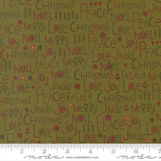Image of Chilly Peace Love Joy Pine quilting cotton fabric by Sweetwater for Moda Fabrics. Features words on a green background. Cute Little Fabric Shop.