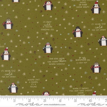 Image of Chilly Mr Penguin Pine quilting cotton fabric by Sweetwater for Moda Fabrics. Features penguins on a green background. Cute Little Fabric Shop.