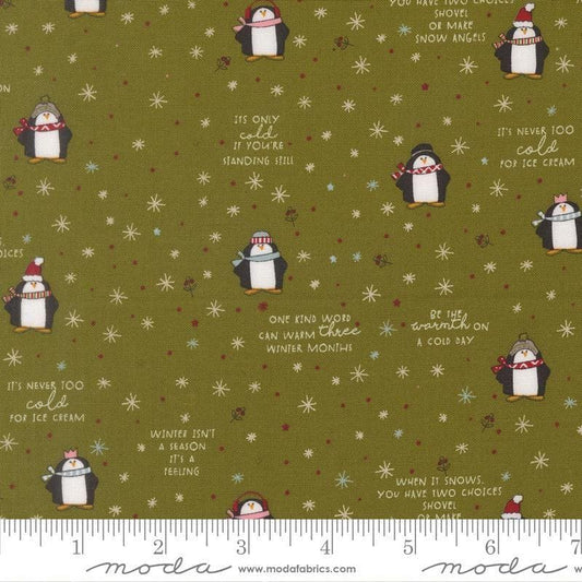 Image of Chilly Mr Penguin Pine quilting cotton fabric by Sweetwater for Moda Fabrics. Features penguins on a green background. Cute Little Fabric Shop.