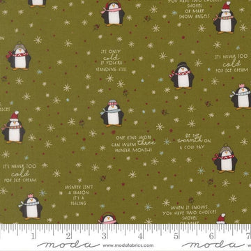 Image of Chilly Mr Penguin Pine quilting cotton fabric by Sweetwater for Moda Fabrics. Features penguins on a green background. Cute Little Fabric Shop.